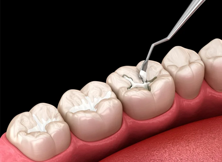 Dental probe examining tooth surfaces on model gums during oral examination procedure.